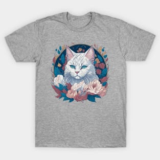 White cat face in flowers and foliage t-shirt design, apparel, mugs, cases, wall art, stickers, T-Shirt